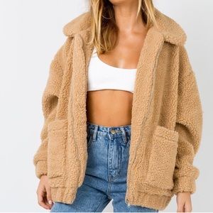 Polly oversized teddy bear tan pixie coat jacket with pockets women size S/M